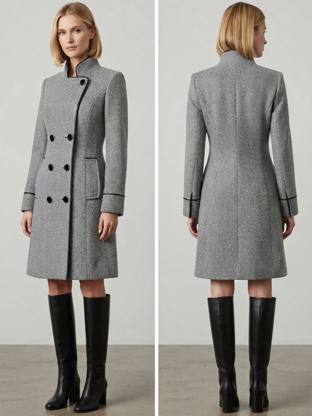 NWT WOMEN DOUBLE-BREASTED COAT LINED STAND-UP COLLAR GRAY JACKET‎ TWEED PEACOAT